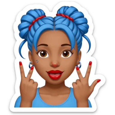 brown girl with blue locs in a bun with tongue out and red nails showing secomdnd finger sticker