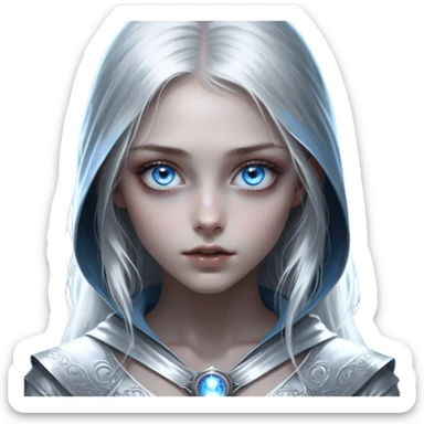 Cinematic girl with large sparkling blue eyes, Ultra realistic 32k HD, Breathtaking piece of art, rim lighting, hauntingly beautiful art, mostly greyscale, Balanced features, highly detailed digital artwork, glowing with silver light, glowing, high shine, deviant adoptable, highly detailed clothing, remembrance, a painting of white silver, fanciful, enchanting, ghostly, embodying the essence of both reality and fantasy, dreamy, dreamy glow, optical illusion, immaculate composition, complex pose, air composition. The image is so lifelike that it feels as though it could leap off the canvas at any moment sticker