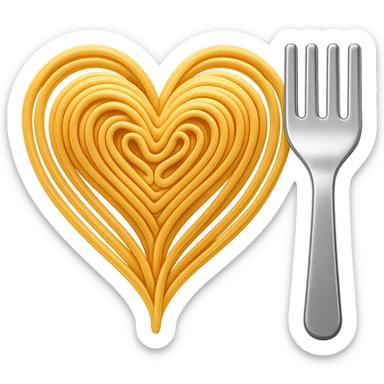Add a silver fork next to the heart made of spaghetti in the style of emoji. Keep the emoji style look and no background. sticker