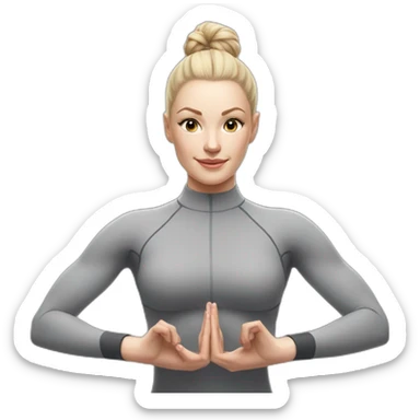 Pale skinned fit woman In a gray tight yoga suit and wristbands With ash blonde hair in a bun doing yoga sticker