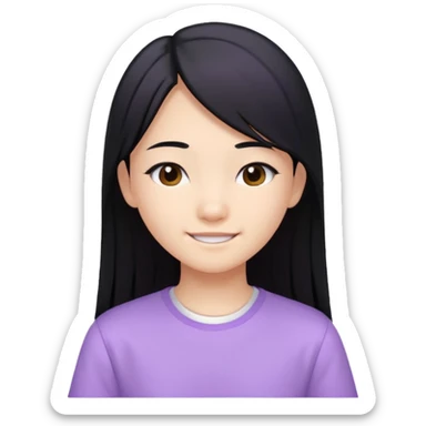 Happy Asian teenager, long straight black hair, lilac bando, white shirt sticker