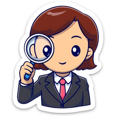 girl detective in a suit, peering through a magnifying glass, inquisitive expression sticker