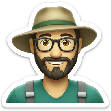 happy smile gardener face long dark beard and very short dark hair with little transparent glasses and a hat sticker