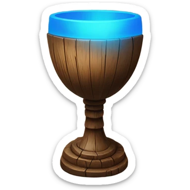 A magical goblet, large and imposing, made of aged wood with a smooth surface. It emits a vibrant blue light, standing out as a symbol of power and mystery. sticker