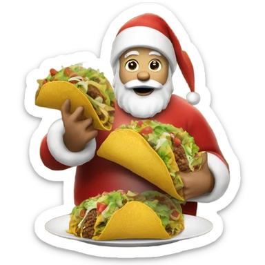 Santa Claus eating a taco with a Christmas tree sticker