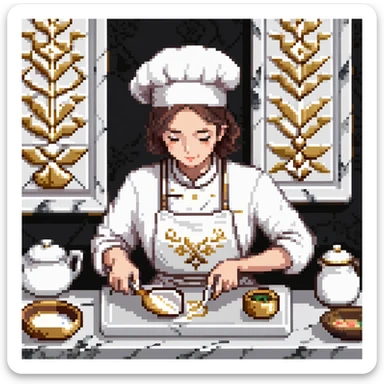 Ein eleganter Bäcker in weißer Uniform, arbeitet auf einer Marmorplatte mit Porzellanformen und goldverzierten Utensilien. Die Umgebung erinnert an eine klassische französische Patisserie. Interface wirkt wie graviertes Porzellan mit filigranen Mustern.
 sticker