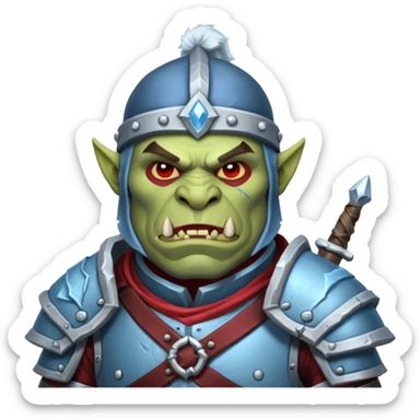 
Fantasy Christmas orc legion soldier icon, iron tundra army theme, heavy winter armor, disciplined brutal look, icy blue steel armor with deep crimson accents, frozen metal texture, cold winter atmosphere, male variant sticker