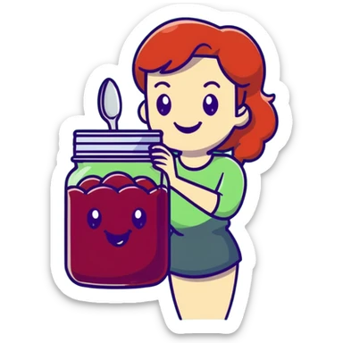 redhead woman with big smile holding a glass jar with jam in one hand and a little spoon with jam in other hand sticker