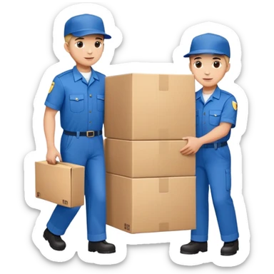 two workers in blue uniforms and hat caps carrying a large box sticker