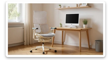 Editorial shot, Make this chair next to desk with mac setup, minimalistic room, bright and warm sticker