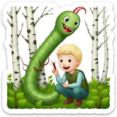 A laughing worm sits in an empty clearing and examines a clearing with lice. Lice like this picture.  No one dares to approach him. Finally, one boy dares. The worm notices him and says, "Who are you?  ""Volodya Korablev."  The worm turns its back on him and continues to contemplate the field of lice.  Volodya Korablev feels uneasy.  Then he sees a nail on a birch tree and grabs it.   The engine, he thinks.  And he hits the worm with a nail with all his might. The worm bursts, its green pimply back turns red, and everything around it turns red. The lice flee in terror. sticker