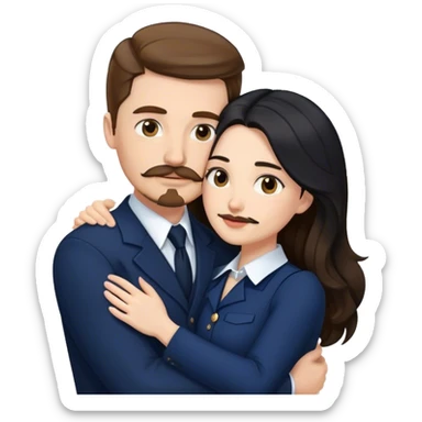 tall white man with brown hair goatee mustache hugging a pale woman with long black hair, wearing navy formal clothing sticker