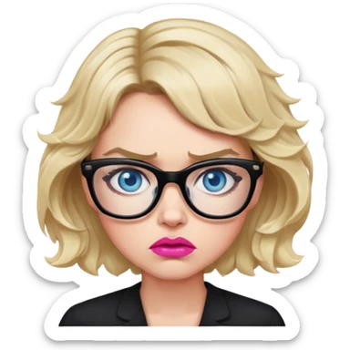 Blonde woman with short wavy hair, blue eyes and pink lips wearing black glasses looking angry sticker