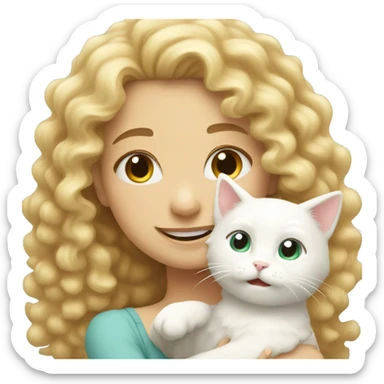 Smiling, curly haired, blonde girl, hugging white, god cat sticker