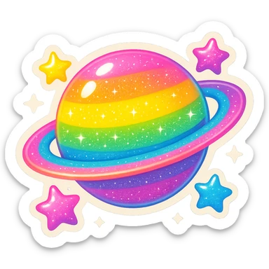 Lisa Frank inspired planet with pastel rings, glitter, and stars, emoji style sticker