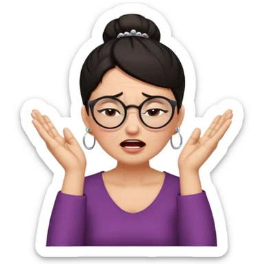  middle aged woman with dark hair pulled up in a high bun, wearing round ring earrings and glasses with a very painful expression on her face, eyes squeeed shut, wincing in pain,covering her ears with her hands, trying to not hear a terrible singer who is too loud and out of tune.  sticker