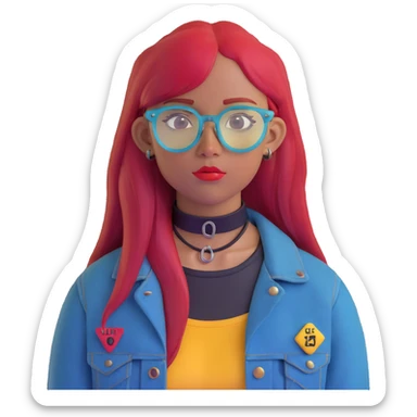 young woman facing forward, long straight bright red hair, blue translucent glasses, black septum ring, black choker necklace, dark denim jacket with a yellow-red patch labeled 'LIB', calm neutral expression, cute face sticker