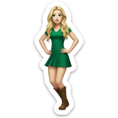 Realistic White girl with Long straight blonde hair, green eyes, tattoos, full body wearing green dress and Brown High boots, dancing sticker