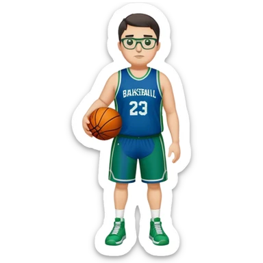 Full Body plus size white male with dark short hair basketball player wearing glasses wearing blue green uniform sticker
