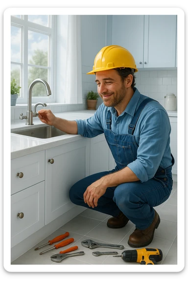 Vertical format, construction worker kneeling by sink, hands dirty, fixing leaky faucet, gentle smile. Version 2 with alternate composition or color scheme. sticker