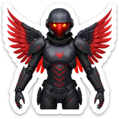 PUBG X SUIT BLOOD RAVEN, futuristic armored suit with raven-inspired details, glowing red eyes, dark wings sticker
