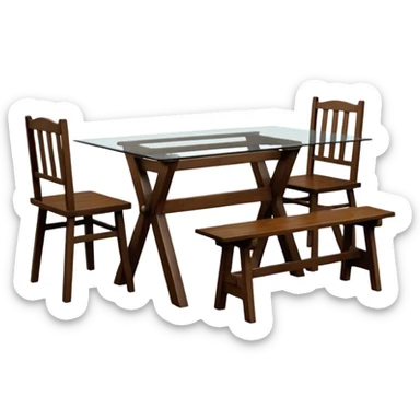 A glass topped rectangular trestle table with a high-backed chair on each short side and a bench on each long sided  sticker