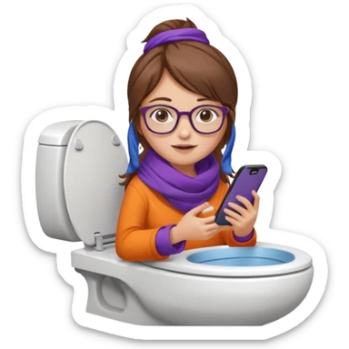 Fille châtain peau blanche avec lunettes. Elle porte une grosse écharpe violette, bleu et orange. Elle assise dans une cuvette de toilette. Téléphone en main. Realiste sticker