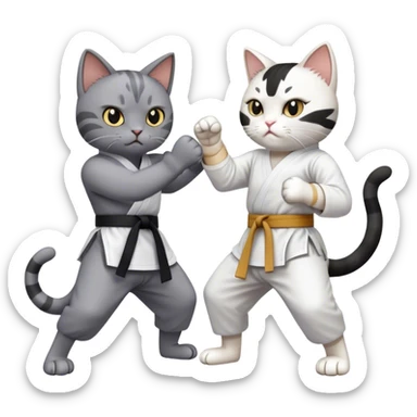 Grey cat with some white karate fighting a black and white cat sticker