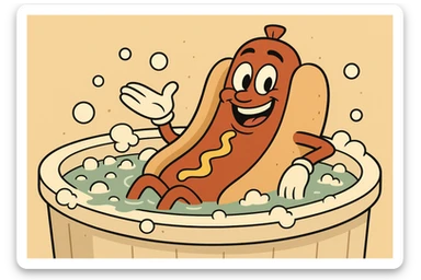 a smiling hotdog character lounging in a bubbly hot tub, cartoon style sticker