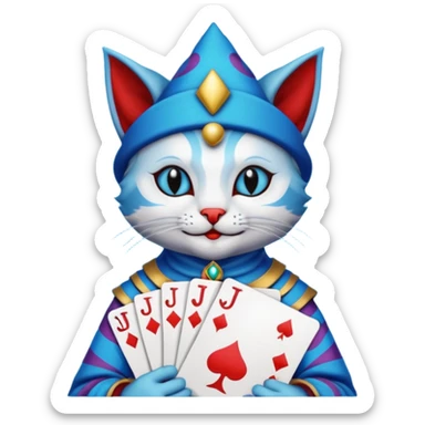 crazy colorful cute little cat jolly joker from poker, medieval, vintage, court jester, mac os icon, blue color, holds poker cards sticker