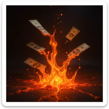 Transform the stacks of money into a scene where the money is flowing like lava, with a molten, liquid effect. The money should look real and photorealistic, with a vivid and dynamic lava effect. The background should be transparent with no background elements. sticker