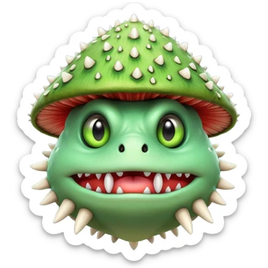 poisonous mushroom monster portrait, head and shoulders only, animal-like creature, mushroom cap head with spikes, toxic green glow, beast-like eyes, furry neck details, monstrous but cute fantasy vibe, 3D cartoon, mobile game icon style, clean background, no text, no watermark

 sticker