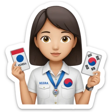 A young Asian guide holding her tour license in both hands, wearing a white shirt with the South Korea badge on her chest. sticker