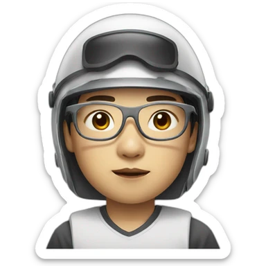 chinese boy with small eye and thick lip wearing thin metal glasses and withe helmet sticker