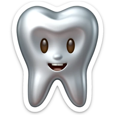 human tooth emoji, smooth chrome ceramic-metal texture, clean medical luxury aesthetic, isolated on white sticker