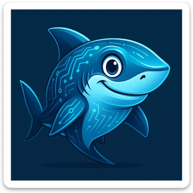 a data shark stylized as a tech mascot, with digital patterns and a friendly face, modern and approachable design sticker
