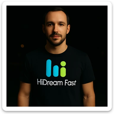 man wearing tshirt with this logo, dark night background with dim , add fast below logo, make man fit into image, add fast insead pf the dev keep rest same sticker