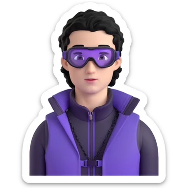 male athlete with white skin and moderately curly black hair on top with shaved sides, wearing ski goggles with purple frames and very dark black lenses, a simple plain black chain necklace, and a completely unzipped/wide open shiny purple vest fully revealing his chest and abs, no earrings sticker