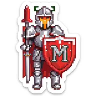 Knight with red and black armor holding a shield with the letter M on it sticker