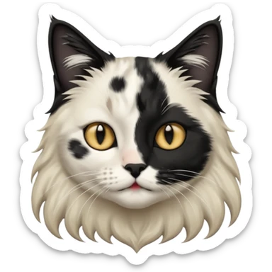 black and white long hair cat. black nose. black splotch near nose (on the right side). white chest. sticker