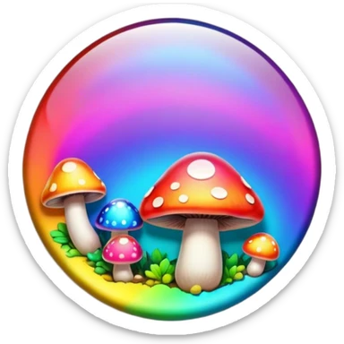 A round psychedelic colored button with bezeled edges and rainbow colored mushrooms sticker