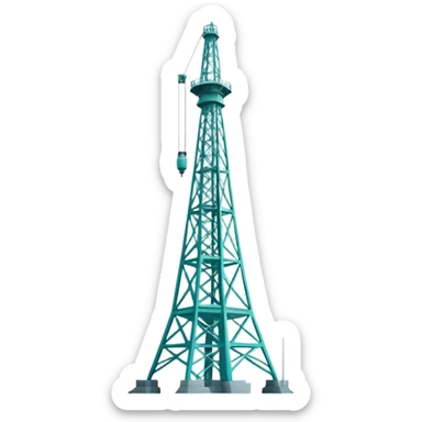 Oil derrick tower in cool tones with sky blue, teal green, white, and light gray sticker