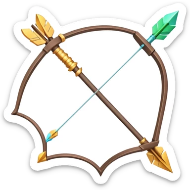 Clash of Clans aesthetic: Cinematic Playful 3D Isometric Bow & Arrows Emoji, rendered in a 3D vector-style similar to standard emojis with minimal shading and bold, simplified shapes. A compact, distinct form with signature details, softly glowing with a fantasy RPG magic charm. Simplified yet unmistakably iconic, highly detailed and consistent, glowing with a soft radiance and high shine. Stylized with a touch of heroic grandeur and a soft glowing outline, capturing the essence of a beloved gaming relic with a friendly, playful manner! sticker