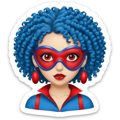 blue curly haired girl with huge earrings, wearing red paintball eye mask, sticker