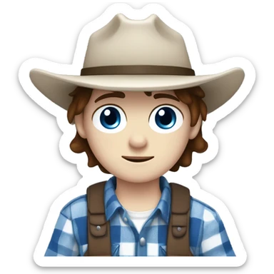 Teenager boy with freckles, white skin, blue and white flannel, hair to his shoulders and a sided fringe, white eye bandage and sheriff hat. Blue eyes and brown hair. Carl grimes  sticker