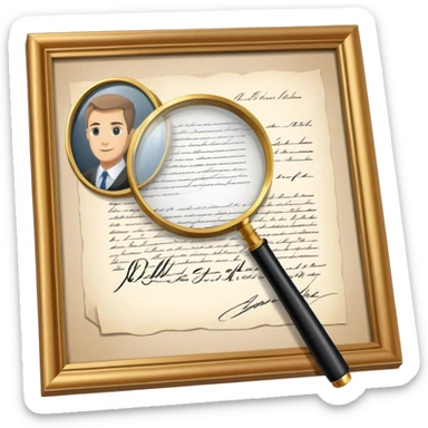 Icon for Autograph Collecting: a signed piece of paper or book page with a famous signature, surrounded by a magnifying glass, and a collection of several framed autographs. Transparent background. sticker