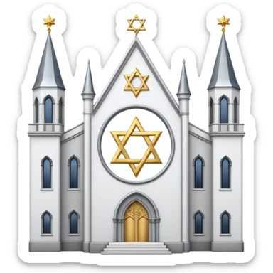 reform jewish synagogue similar in architecture to historical religious architecture in europe. the building should be white with silver/golden features, gothic architectural elements and star of david. no crosses. the emoji should be in ios emoji style. sticker