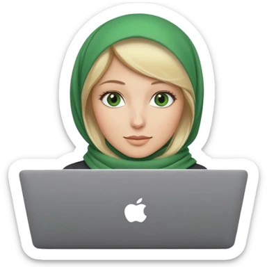 blond women skine , with green eyes , with scarf hijab . with macbook sticker