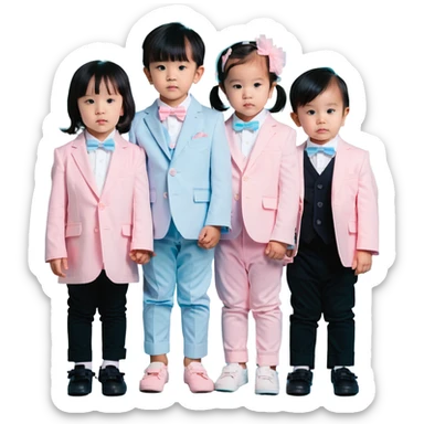 triplet toddlers with two girls in pastel pink clothes on each side and a boy in pastel blue suit in the middle sticker