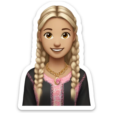 Slavic girl, light skin, brown eyes, black-to-blonde ombre straight thin ponytail, smiling with teeth, wearing beautiful blouse with a folk pattern of small pink flowers, a gold chain with a round pendant around her neck. sticker